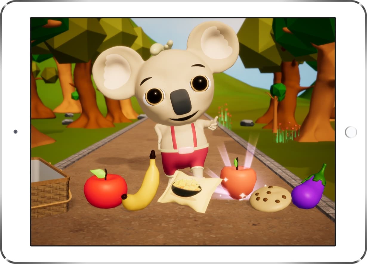Kody the koala choosing food in a Whizkid Games mini game, shown on an iPad